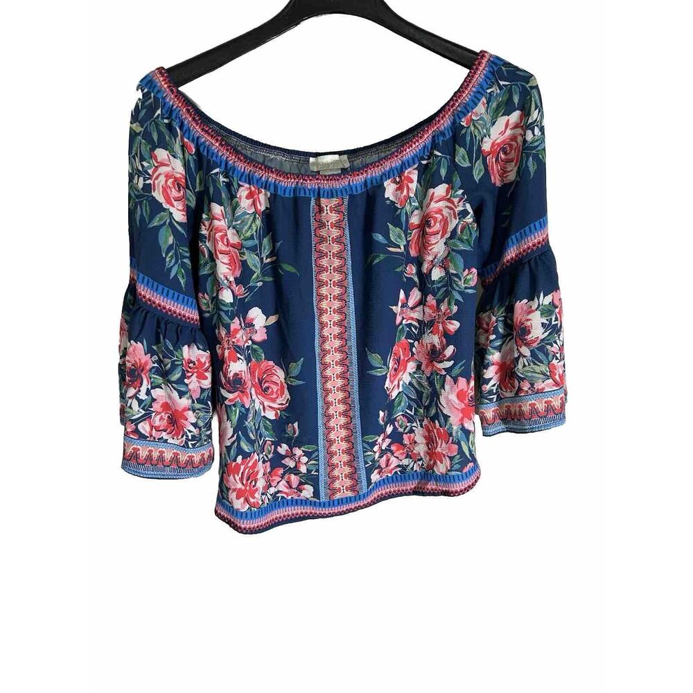 Jealous Tomato Small Women's Off Shoulder Boho Bell Sleeve Top Blue Floral EUC